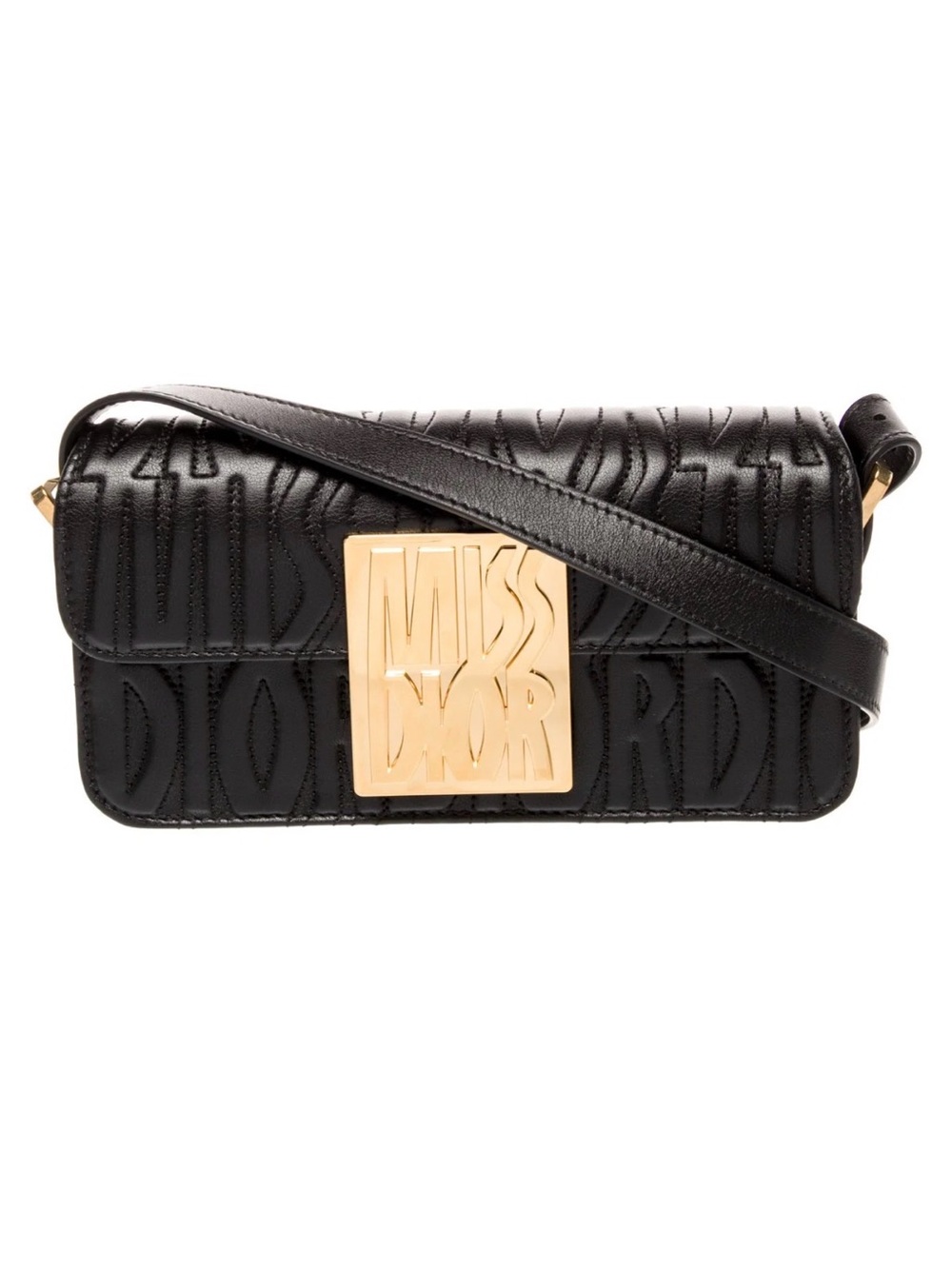 Black Leather Shoulder Bag with Gold 'Miss’ Plaque